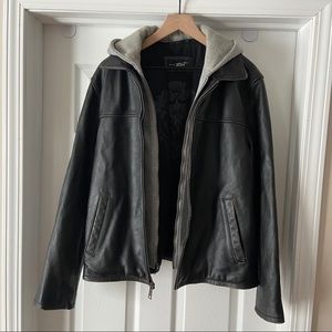 Black Rivet Men’s Hooded Leather Jacket Zip Up